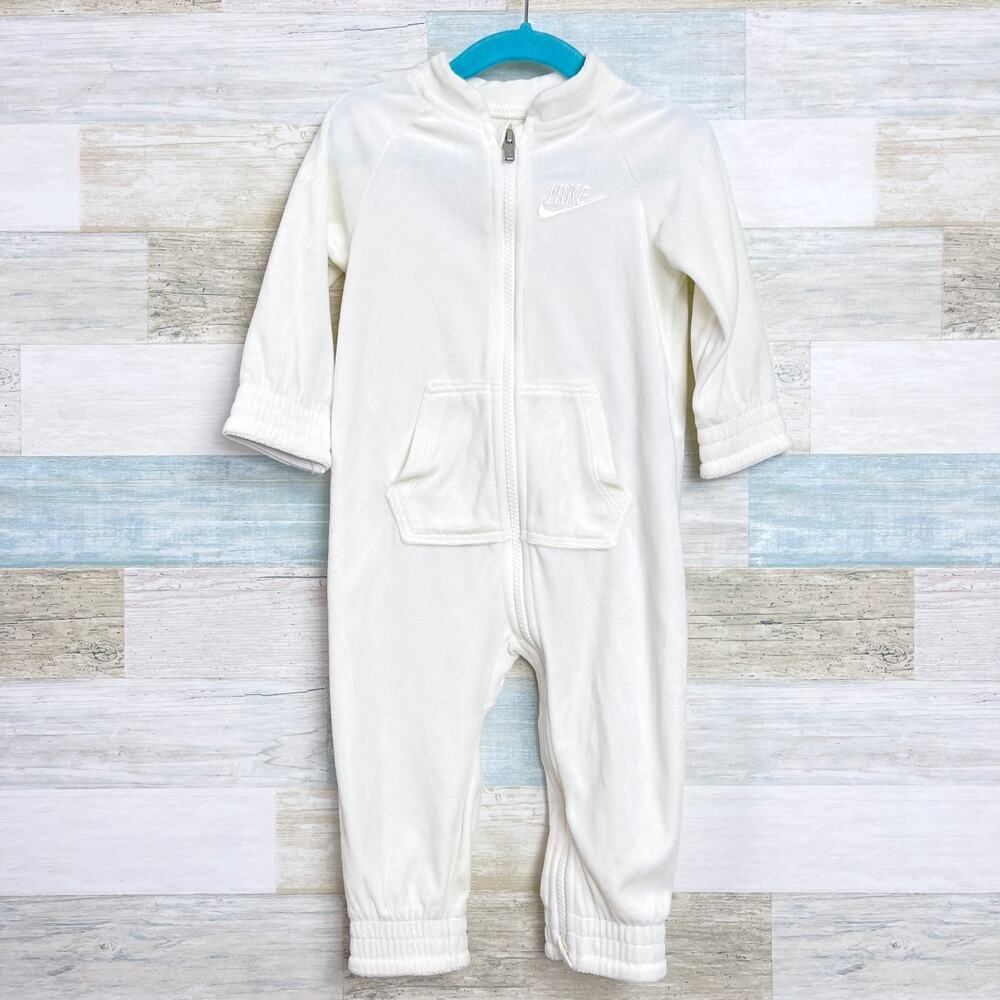 Nike Velour Jumpsuit Cream Zip Up Embroidered Logo Kangaroo Pocket Baby Girl 18M